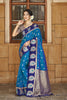 Teal Blue Navy Banarasi Silk Saree Silver Zari Peacock Motifs Saree