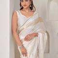 White Satin Silk Saree with Gold Zari Designer Saree