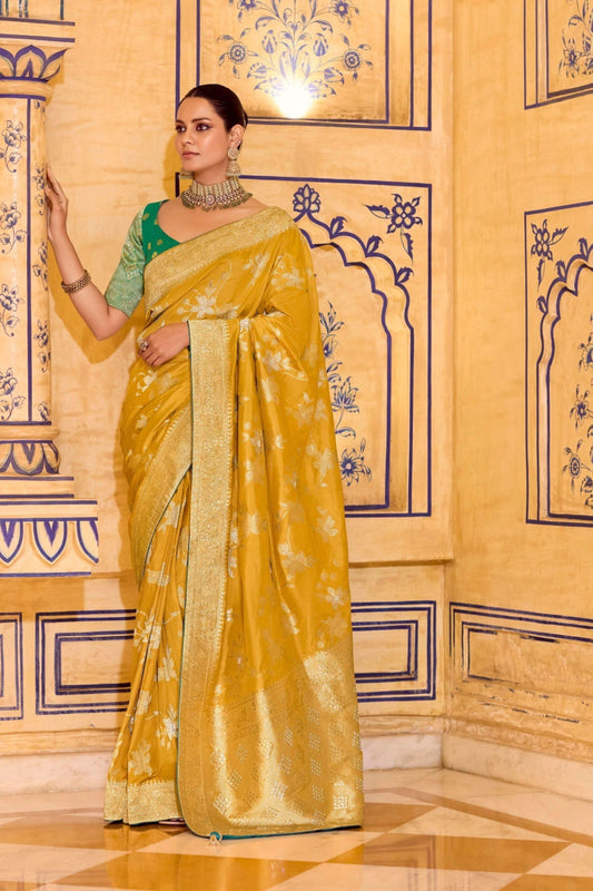 Mustard Yellow Banarasi Silk Saree with Golden Zari Contrast Green Blouse