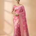  Rose Pink Silk Saree with Gold Zari Floral Weaving Traditional Wear Saree