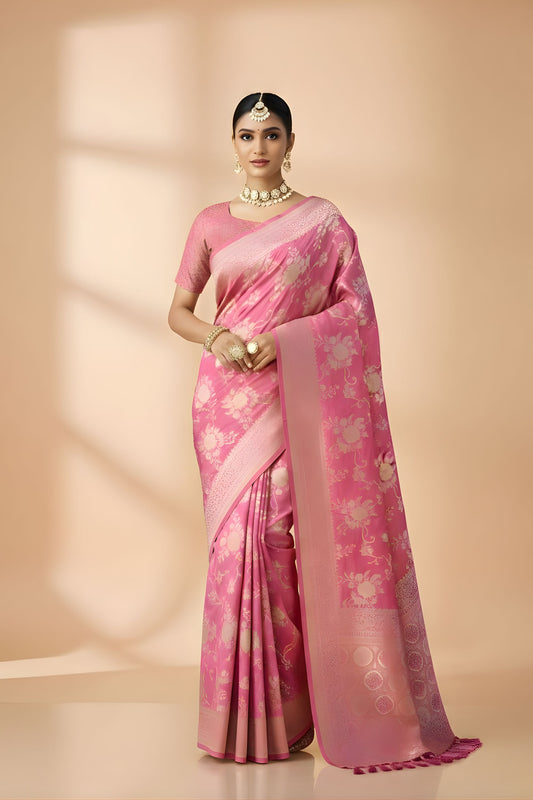  Rose Pink Silk Saree with Gold Zari Floral Weaving Traditional Wear Saree