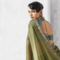 Olive Green Silk Saree with Golden Designer Green Blouse  Party Wear