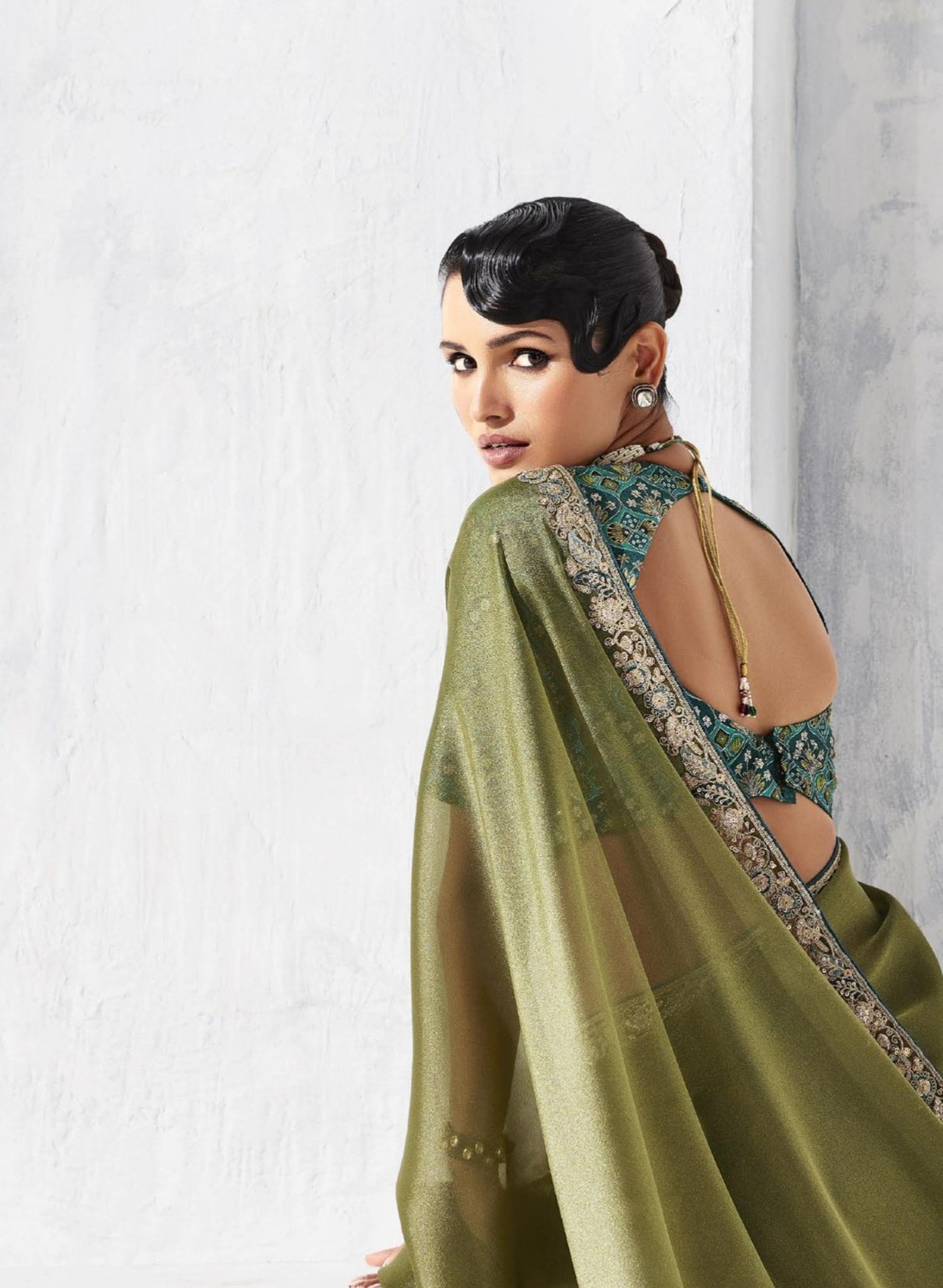 Olive Green Silk Saree with Golden Designer Green Blouse  Party Wear