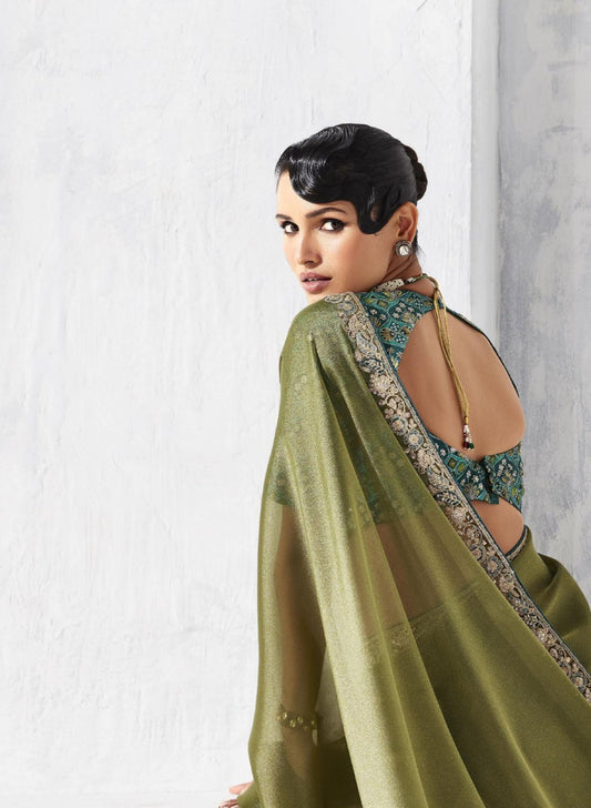 Olive Green Silk Saree with Golden Designer Green Blouse  Party Wear