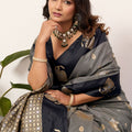 Grey Black Banarasi Silk Saree Antique Gold Zari Motifs Woven Pallu