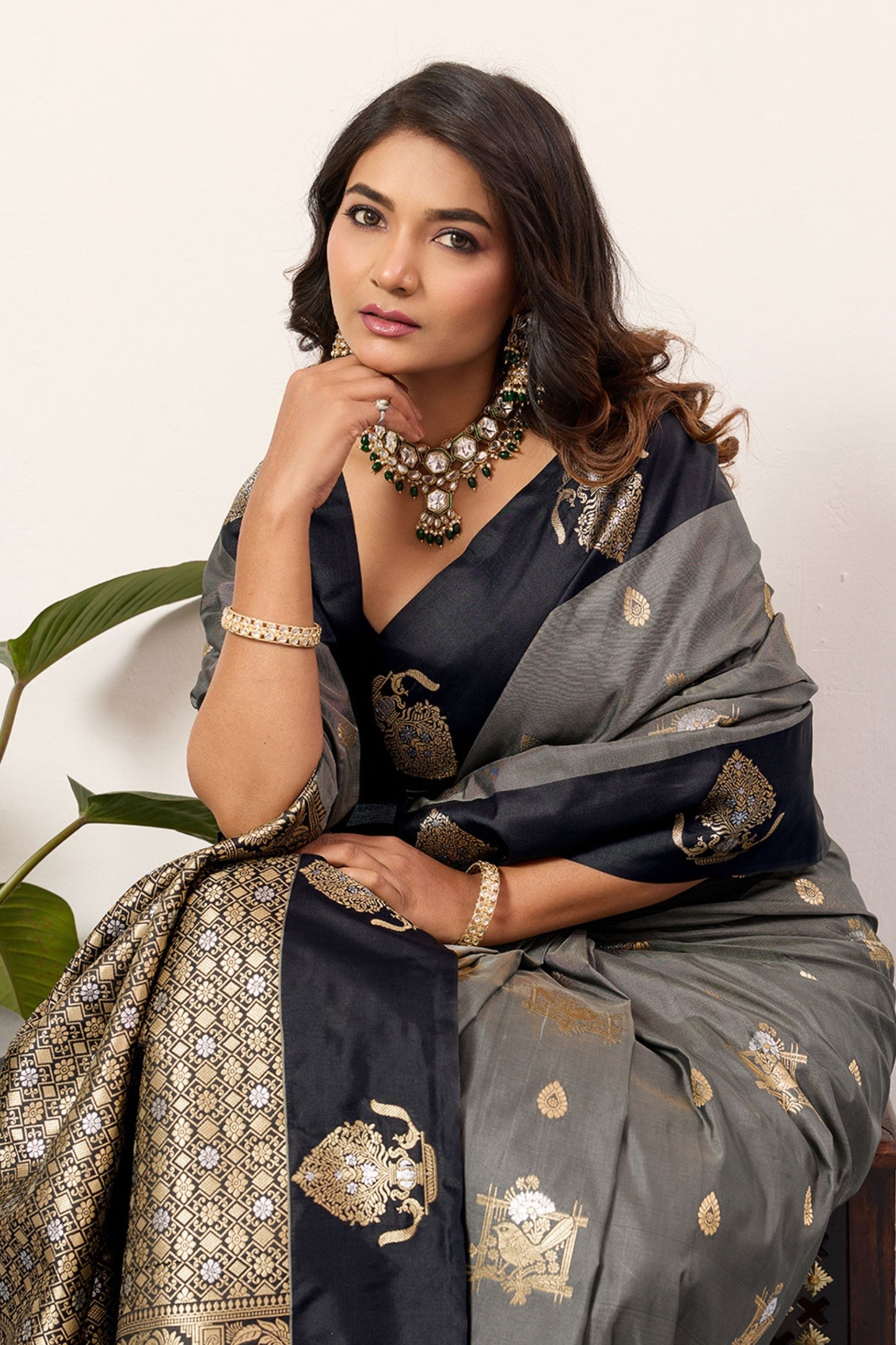 Grey Black Banarasi Silk Saree Antique Gold Zari Motifs Woven Pallu