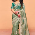Sea Green Designer Embroidered Silk Saree Heavy Border Blouse Piece