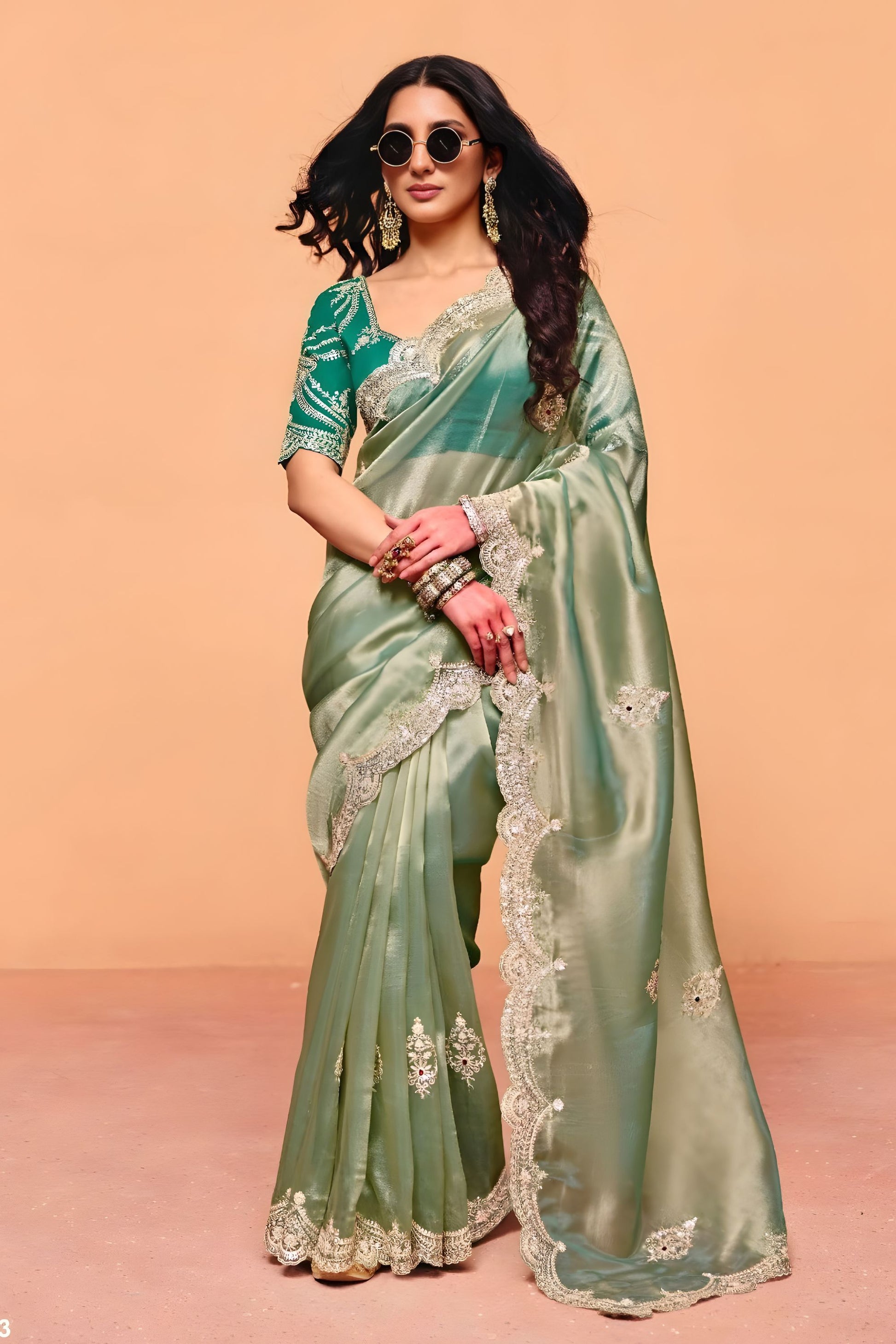 Sea Green Designer Embroidered Silk Saree Heavy Border Blouse Piece