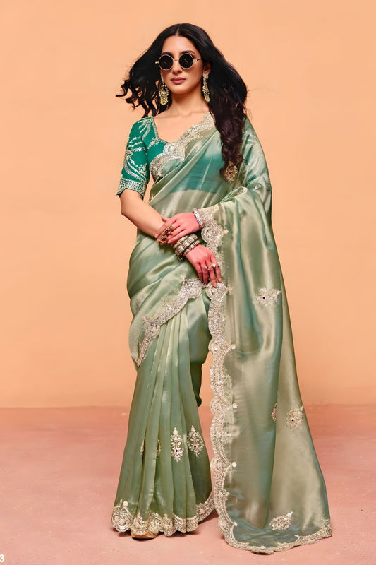 Sea Green Designer Embroidered Silk Saree Heavy Border Blouse Piece