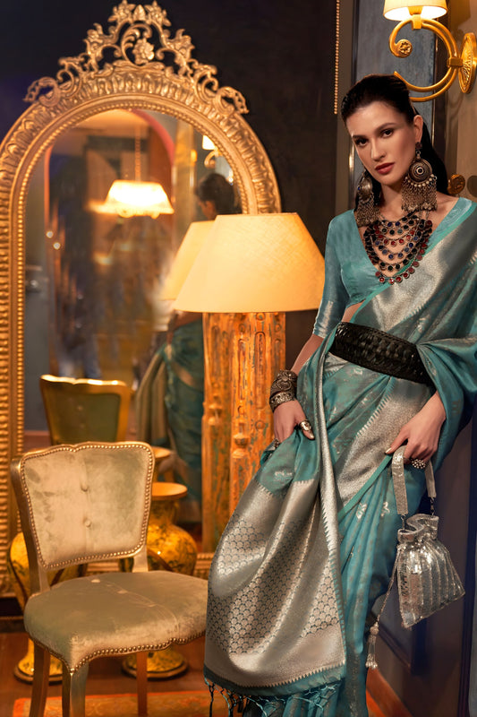 Designer Teal Green Organza Saree with Silver Zari Weaving Saree