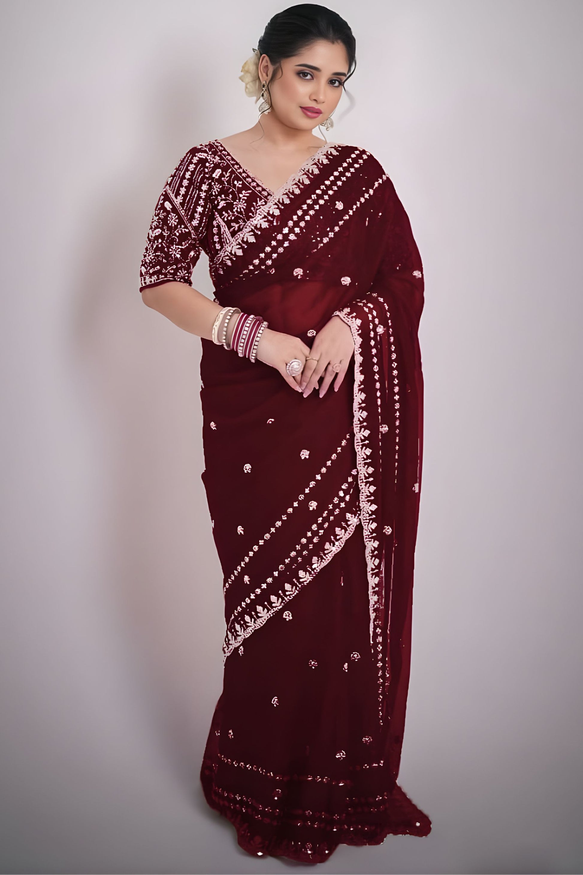 Designer Maroon Georgette Saree Heavy Sequins Embroidery Blouse