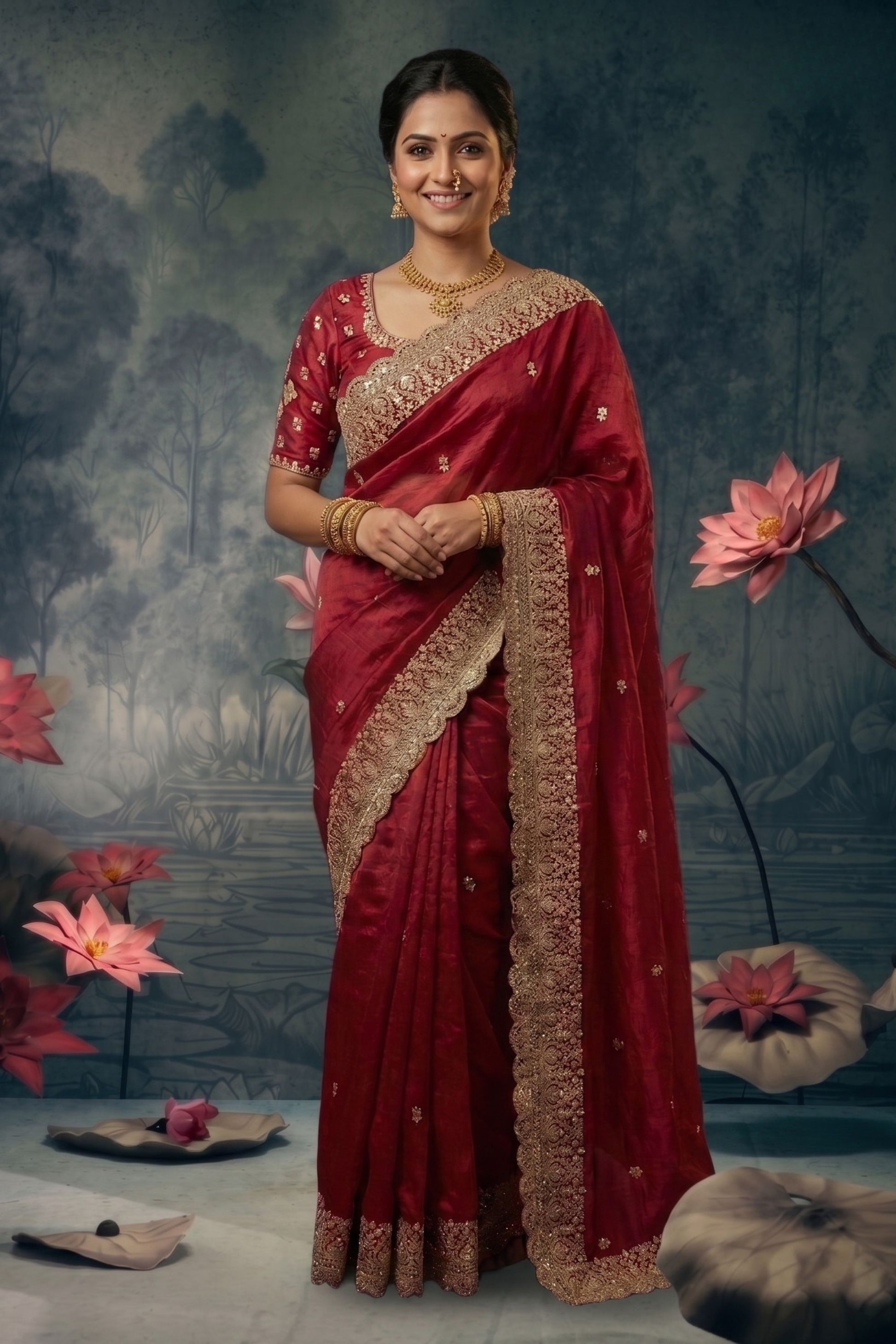 Maroon Silk Designer Saree with Heavy Embroidered Border