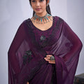 Purple Organza Saree with Black Floral Embroidery Designer Party Wear Saree