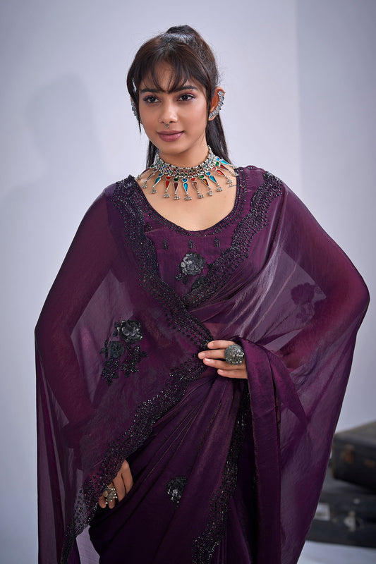 Purple Organza Saree with Black Floral Embroidery Designer Party Wear Saree