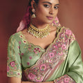 Pista Green Silk Saree with Pink Floral Embroidered Border Designer Blouse