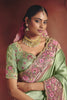 Pista Green Silk Saree with Pink Floral Embroidered Border Designer Blouse