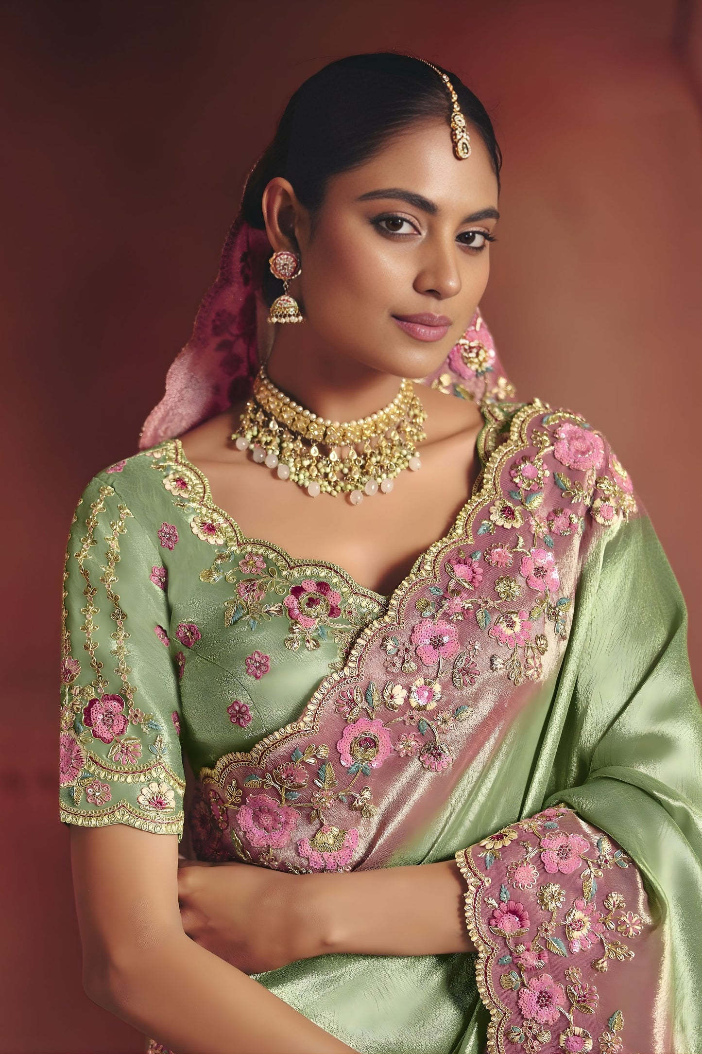Pista Green Silk Saree with Pink Floral Embroidered Border Designer Blouse
