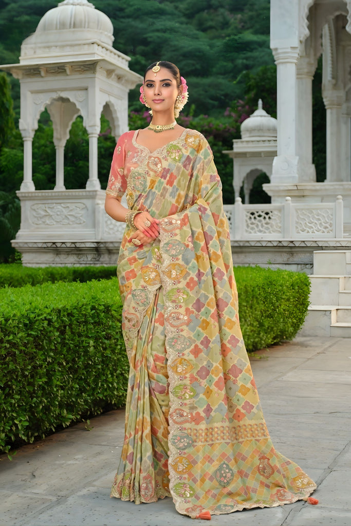 Designer Multicolour Printed Silk Saree with Heavy Embroidered Border