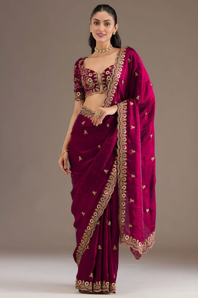  Wine Silk Saree with Heavy Zari Embroidered Border Designer Blouse