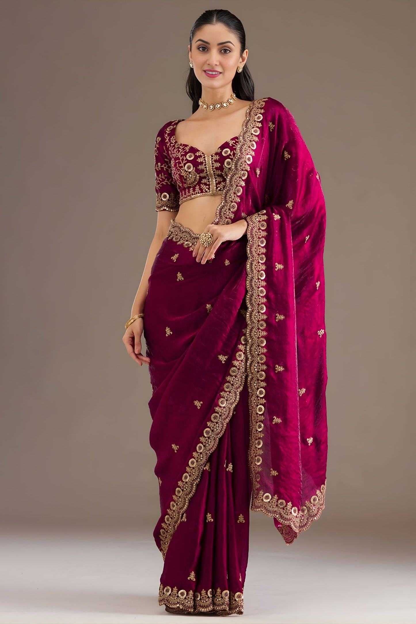  Wine Silk Saree with Heavy Zari Embroidered Border Designer Blouse