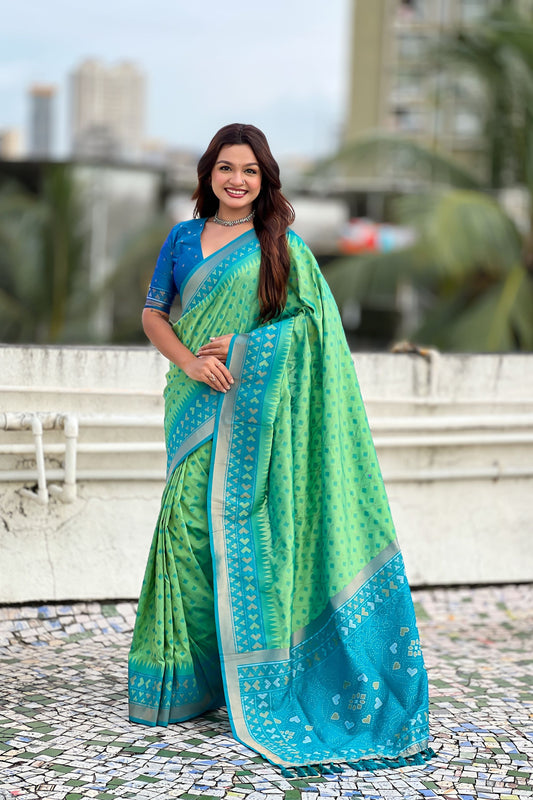 Sea Green Saree Blue Contrast Border Traditional Printed Design 