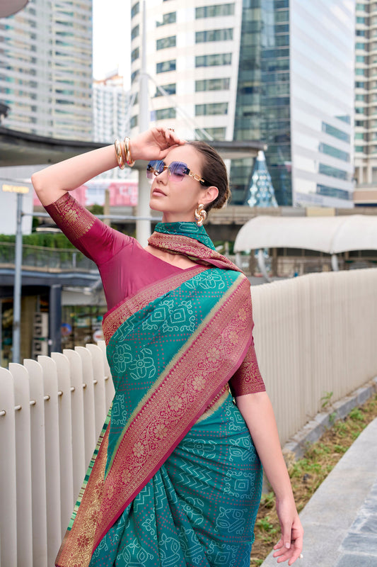 Elegant Teal Patola Print Silk Saree with Rich Maroon Zari Border