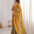 Luxury Mustard Gold Organza Silk Saree Zari Embroidery Designer Blouse