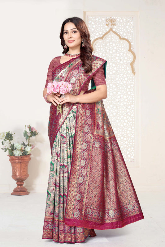 Maroon and Beige Banarasi Silk Saree with Rich Zari Woven Design