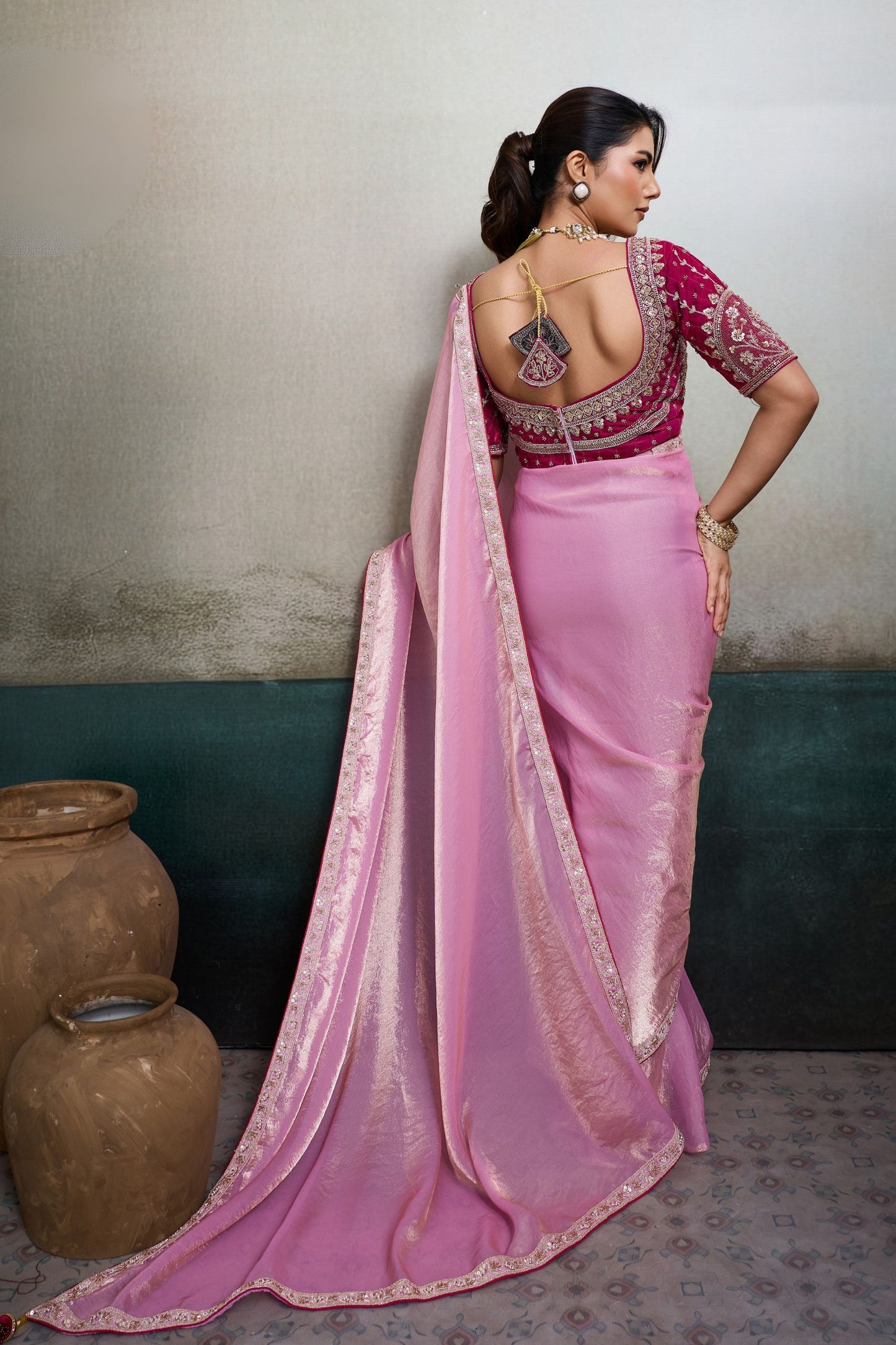 Pink Organza Saree with Heavy Embroidered Designer Blouse