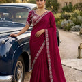 Wine Purple Georgette Saree Stone Embroidered Border Designer Blouse