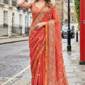 Coral Peach Floral Printed Saree with Designer Border Blouse