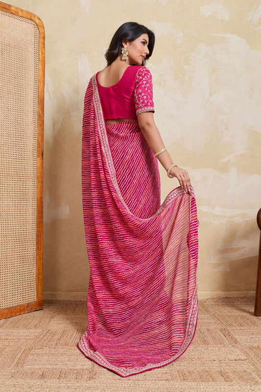 Pink Georgette Saree with Golden Embroidered Border Designer Blouse