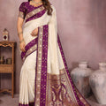 Cream Banarasi Silk Saree with Purple Zari Woven Border Rich Pallu