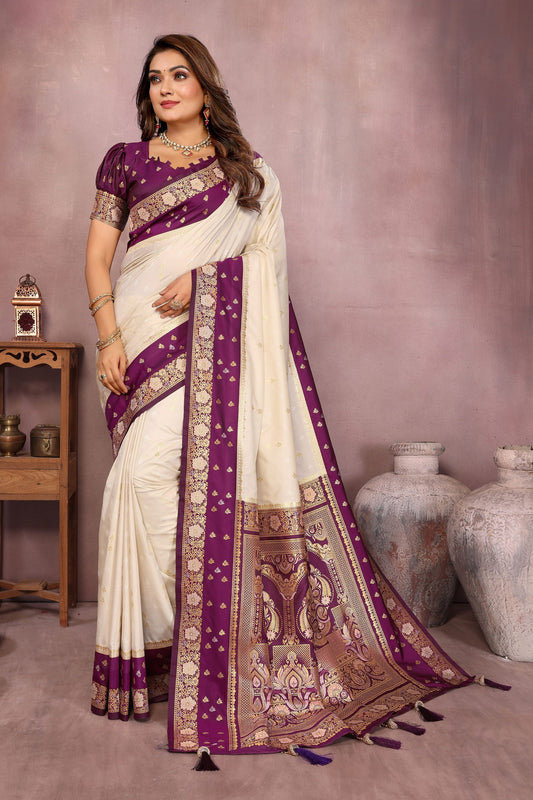 Cream Banarasi Silk Saree with Purple Zari Woven Border Rich Pallu