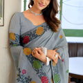 Grey Linen Cotton Printed Saree with Floral Border and Blouse