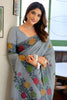 Grey Linen Cotton Printed Saree with Floral Border and Blouse