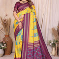 Yellow and Wine Ikat Silk Saree with Traditional Saree Contrast Border
