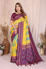 Yellow and Wine Ikat Silk Saree with Traditional Saree Contrast Border