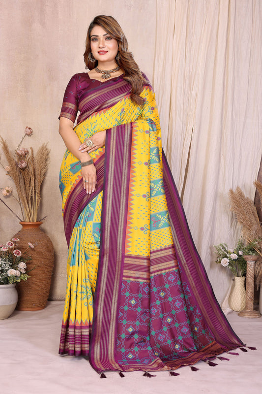 Yellow and Wine Ikat Silk Saree with Traditional Saree Contrast Border