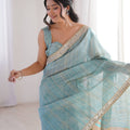 Elegant Sky Blue Linen Designer Saree with Mirror Work Border