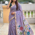 Lavender Linen Silk Saree with Multicolor Floral Print Woven Border