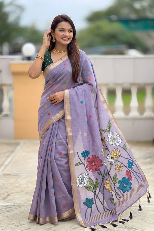 Lavender Linen Silk Saree with Multicolor Floral Print Woven Border