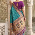 Turquoise Blue Paithani Silk Saree Traditional Zari Border Purple Designer Blouse