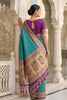 Turquoise Blue Paithani Silk Saree Traditional Zari Border Purple Designer Blouse