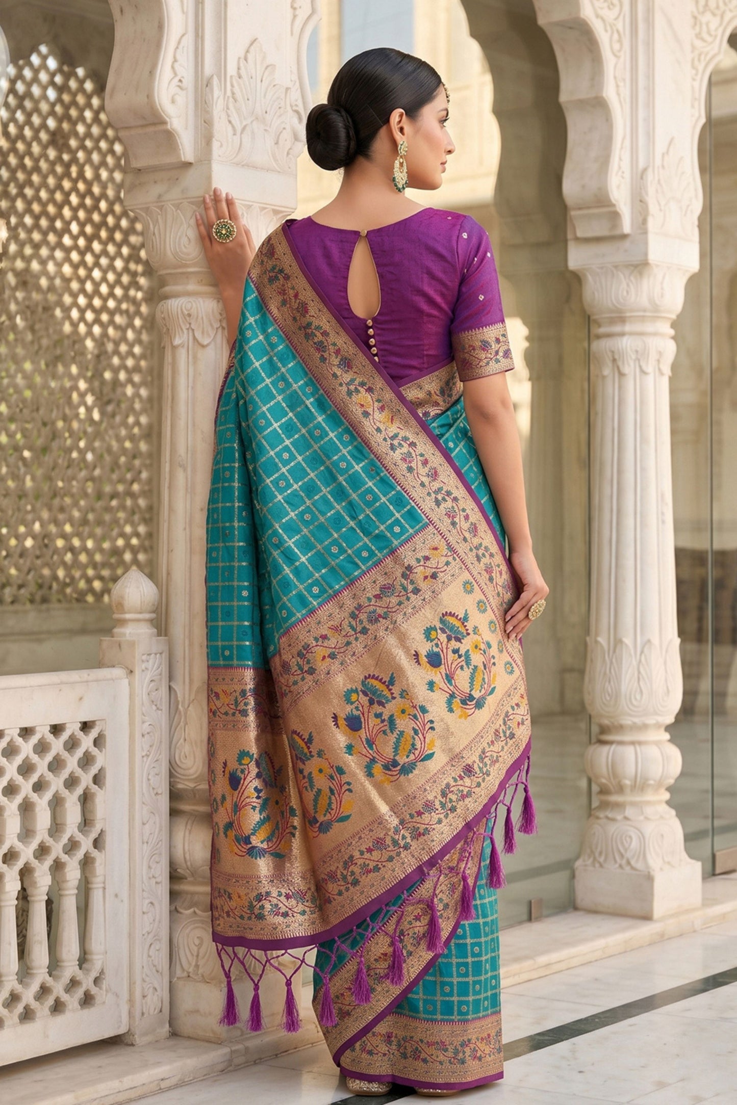 Turquoise Blue Paithani Silk Saree Traditional Zari Border Purple Designer Blouse