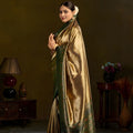 Premium Gold Kanjivaram Silk Saree with Elegant Green Zari Border