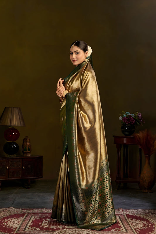 Premium Gold Kanjivaram Silk Saree with Elegant Green Zari Border