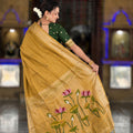 Mustard Yellow Linen Silk Saree Hand Painted Lotus Pallu Designer Blouse