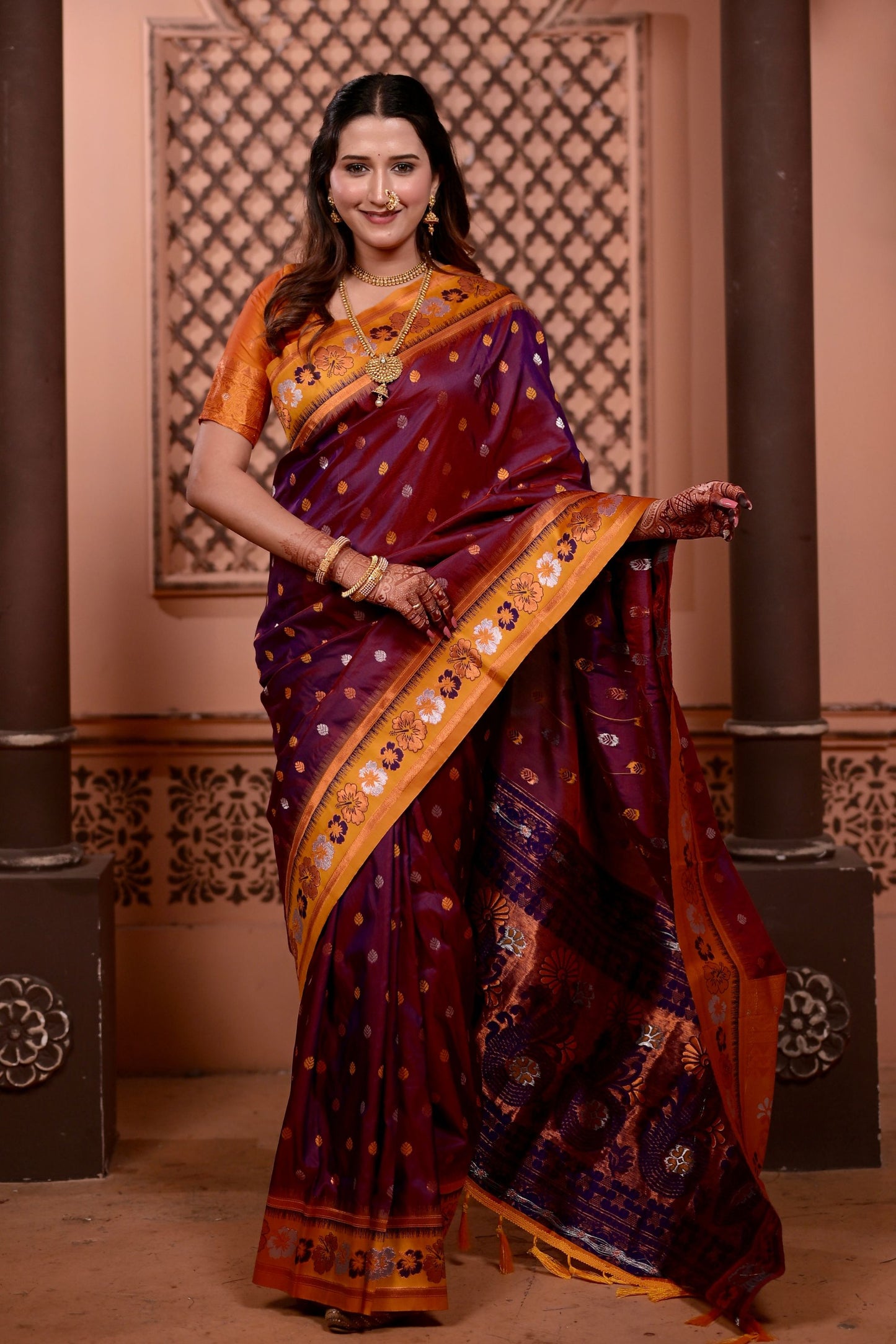 Rich Maroon Paithani Silk Saree with Contrast Orange Zari Border