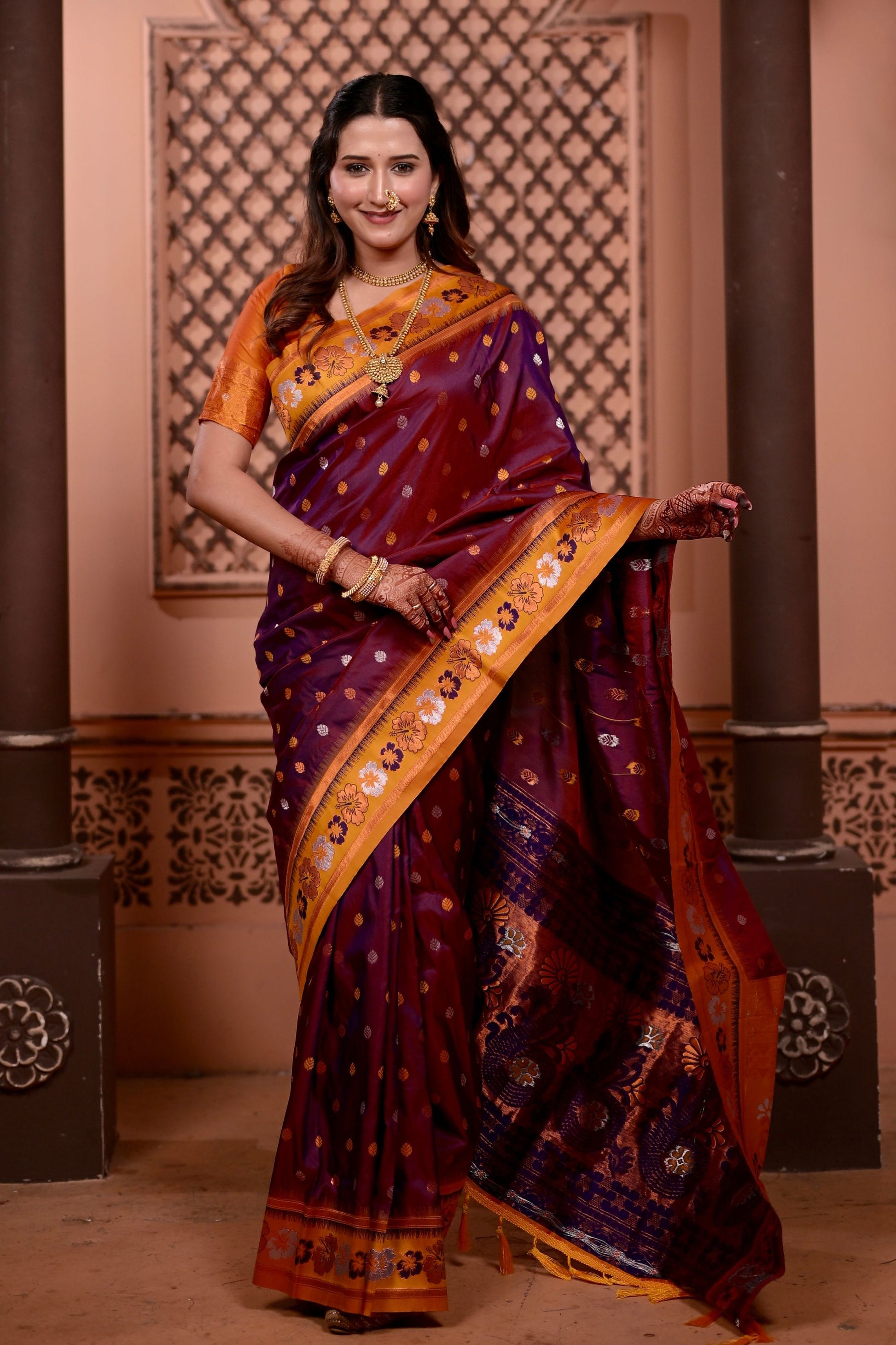 Rich Maroon Paithani Silk Saree with Contrast Orange Zari Border